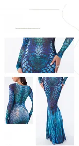 Detailed views of a blue fish scale pattern jumpsuit featuring a slim fit and fishtail hem