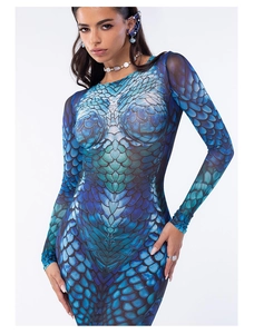 Detail of fishtail dress featuring teal and blue gradient fish scale prints for cosplay