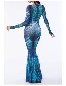 Back view of a long-sleeve fishtail dress featuring vibrant blue fish scale prints