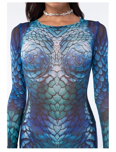 Detail view of teal fish scale print on long sleeve sheer mesh tight bodysuit
