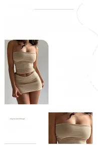Detail showing the elastic beige knit fabric and texture of the tube top and mini skirt set