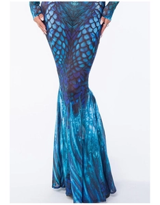 Detail of blue mermaid scale print on slim fit fishtail dress for cosplay events