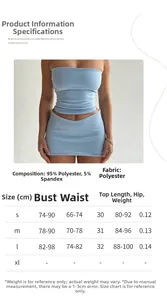 Size chart showing S-L dimensions for the two-piece off-shoulder top and mini skirt set