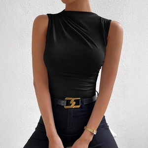 Débardeur Élégant pour Femmes Sans Manches à Col Montant Slim Fit Plissé Pullover Froncé Couleur Unie Mode Casual T-Shirt Été