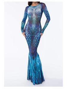 Detail of long sleeve mermaid dress featuring blue scale print and flowing fishtail hemline