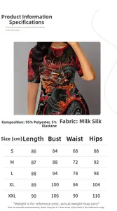 Größentabelle S-XXL für figurbetontes Kleid mit Drachenmuster und Materialzusammensetzung