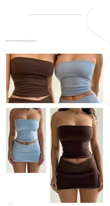 Detail of slim fit off-shoulder tube top and V-waist mini skirt two-piece set for women