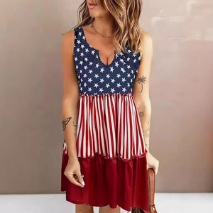 Robe longue sans manches col en V pour femme avec imprimé drapeau américain et étoiles