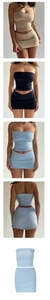 Detailed view of the slim-fit tube top and mini skirt set in khaki, black and light blue