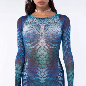 Cosplay fish scale print bodysuit with long sleeves and shimmering blue dragon pattern