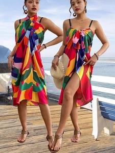 Sortie de Bain Bikini de Plage Sexy pour Femmes Imprimé Abstrait Géométrique Coloré Jupe Portefeuille Multi-usages Châle de Vacances