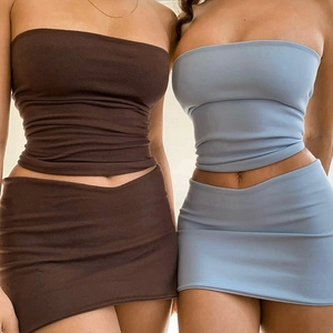 Women Sexy Tube Top And Mini Skirt Top And Bottom Slim Fit Solid Color Polyester Spandex Two Piece Outfit For Club Party