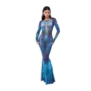 Scaly print mermaid tail dress with long sleeves for ocean themed cosplay party costume