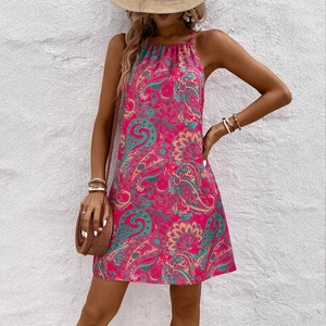 Pink bohemian sleeveless halter mini dress with paisley floral print for summer vacation
