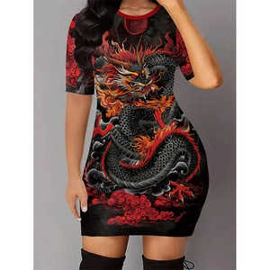 Damen Kurzarm Bodycon Minikleid Chinesischer Drache Karo Barock Druck Slim Fit Rundhals Lässig Party Streetwear