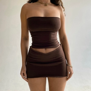 Chic dark brown off-shoulder tube top and high waist mini skirt slim fit two-piece set