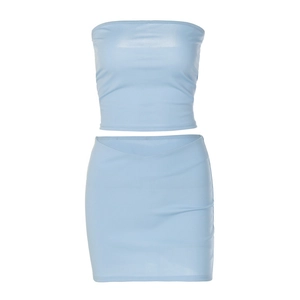 Two-piece light blue faux leather set with off-shoulder tube top and slim mini skirt
