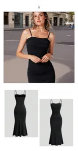 Detail of ruched bodice and slim mermaid hem on a black sleeveless slip maxi dress