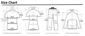 Detailed clothing size chart guide for t-shirts, dresses, pants, and shirts measurements