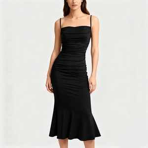 Women Sexy Ruched Spaghetti Strap Mermaid Maxi Dress Solid Color Slim Fit Bodycon Evening Party Long Dress
