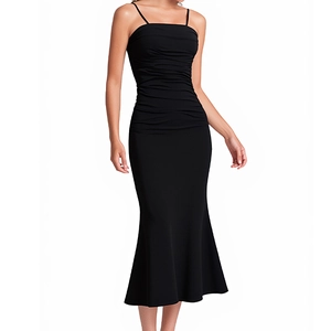 Elegant black ruched mermaid midi dress with slim fit straps for women's cocktail party
