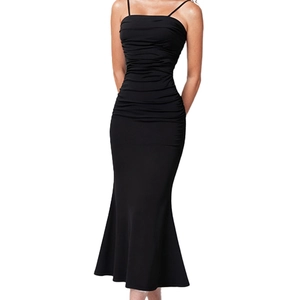 Elegant black ruched slim fit spaghetti strap fishtail maxi dress for evening party