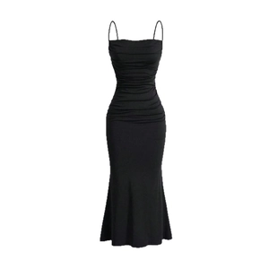 Elegant black spaghetti strap maxi dress with slim fit ruched design and fishtail hemline