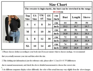 Size chart for buttoned knit sweater showing US/UK/EU sizes and high elasticity details