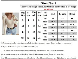 Size chart for women's slim V-neck knit sweater showing measurements in cm and inches