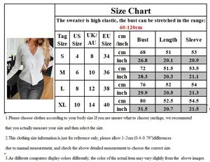 Detailed size chart for women's V-neck hollow out sweater showing S to XL measurements