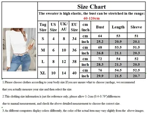 Size chart for women's slim fit turtleneck knit sweater with detailed measurements