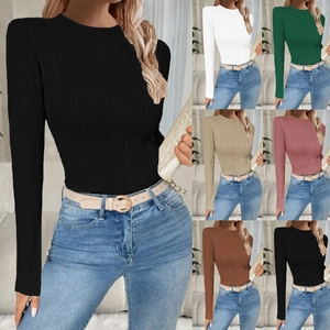 Detailed grid view of slim-fit ribbed knit crewneck sweaters in various vibrant colors