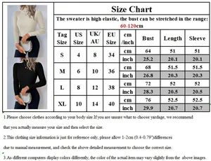 Size chart for high-stretch turtleneck knit sweater with US, UK and EU sizing conversion
