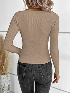 Close-up of khaki ribbed knit long sleeve top back view with irregular crossover hem detail