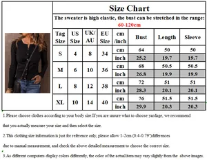 Detailed size chart for the women's button-up knitted cardigan sweater with measurements