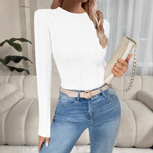 Slim fit white ribbed knit long sleeve sweater for women with crew neck design