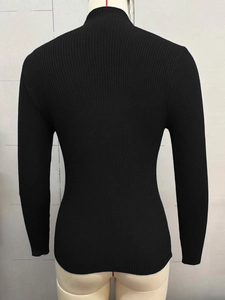 Detail view of black ribbed knit sweater featuring a chic high-neck design and slim fit