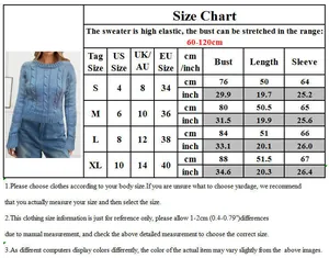 Women's crewneck knit sweater size chart showing high elastic bust and length measurements