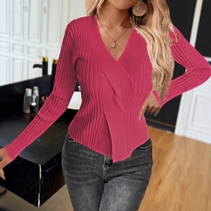 Close-up of rose red V-neck ribbed knit sweater featuring a stylish wrap front design