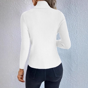 Back view of a white turtleneck ribbed knit sweater showing textured slim fit design