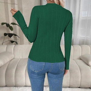 Detailed back view of a slim-fit dark green ribbed knit sweater for women