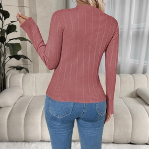 Detailed back view of dusty pink ribbed-knit slim fit sweater with half-turtleneck