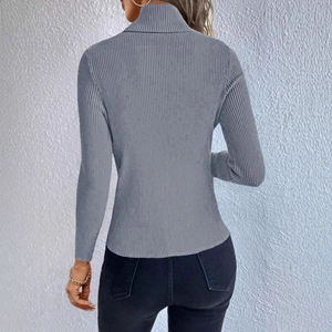 Rear view of grey high-neck knit sweater showing fine ribbed texture and slim fit design