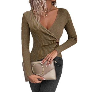 Chic olive green V-neck wrap knit top with long sleeves and side decorative buckle