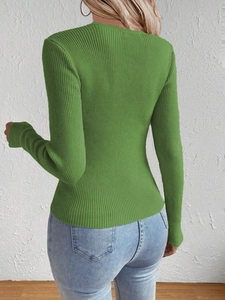 Close-up of the back view showing vertical ribbed texture on this green slim fit knit sweater