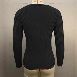 Back view of a black long sleeve ribbed knit cardigan with button-down texture and slim fit