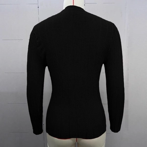 Detail view of the back of a slim fit black ribbed knit sweater with long sleeves
