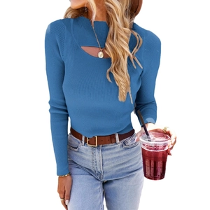 Blue slim fit knit sweater featuring irregular hollow-out neckline and ribbed texture