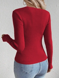 Back view of a red ribbed knit slim-fit V-neck sweater with long sleeves for women