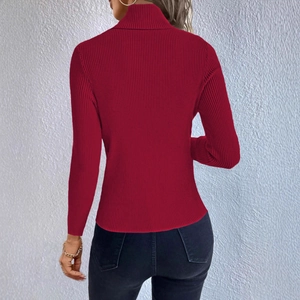 Rear view of a slim-fit burgundy ribbed knit turtleneck sweater for women with refined texture